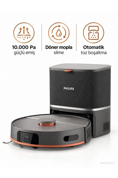 Philips 10.000 Pa Döner Moplu Toz Boşaltmalı Lazer Haritalı Robot Süpürge Koyu Gri + Mutfak Tartısı(Onerous)