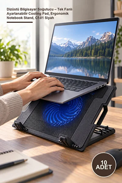 Yenilig 10 Adet Dizüstü Bilgisayar Soğutucu – Tek Fanlı Ayarlanabilir Cooling Pad, Ergonomik Notebook Stand, Cf-01 Siyah