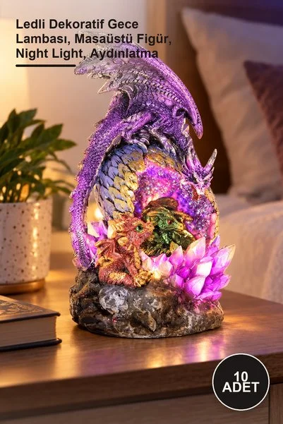 Yenilig 10 Adet Dragon Ailesi – Ledli Dekoratif Gece Lambası, Masaüstü Figür, Night Light, Aydınlatma