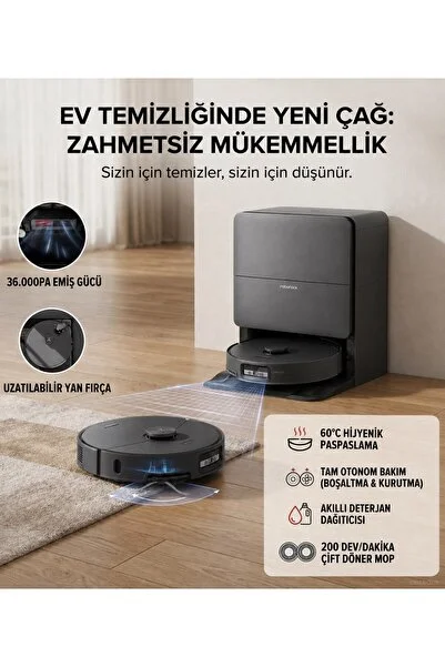 Roborock 100°C Sıcak Suyla Paspas Yıkayan İstasyonlu Robot Süpürge, Çift Döner Paspas, 36.000Pa Güçlü Emiş