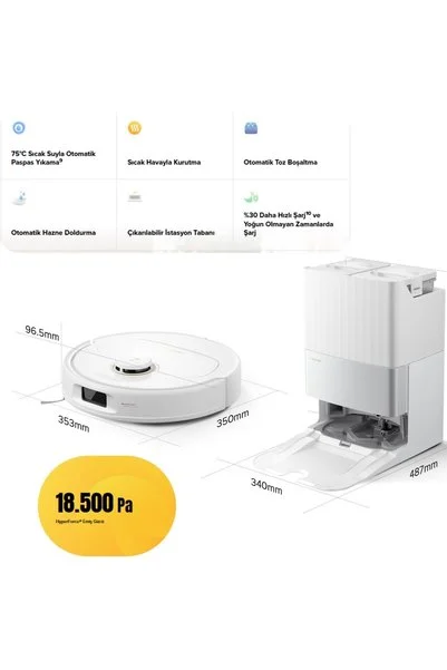 Roborock 18500Pa HyperForce DuoDivide Çift Fırça FlexiArm Kenar Silme 75°C Sıcak Su Akıllı Robot Süpürge
