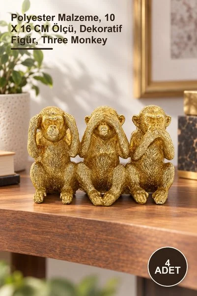 Yenilig 4 Adet Polyester 3 Maymun Desenli Aksesuar – Polyester Malzeme, 10 X 16 CM Ölçü, Dekoratif Figür, Three Monkey