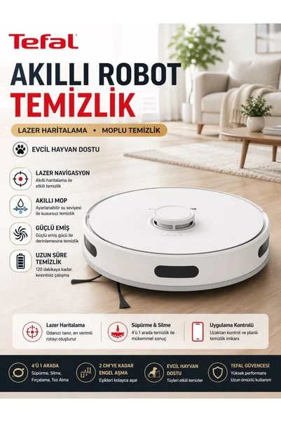 TEFAL 4ü 1 Arada Ultra Premium Robot Süpürge ve Mop 75dk Çalışma Akıllı Navigasyon Sessiz Motor Tasarım