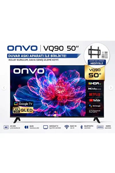 ONVO 50 İnç QLED Smart TV 4K UHD Akıllı Televizyon Duvar Askı Aparatı Hediyeli