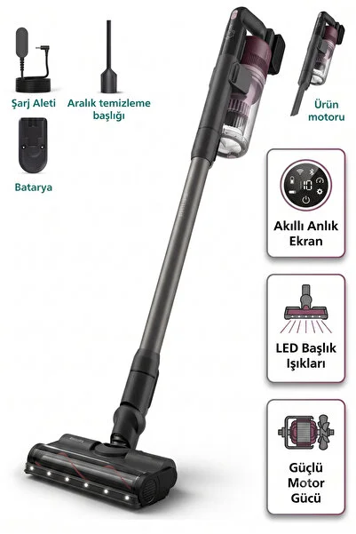 Philips 6000 Serisi Kablosuz Dikey Süpürge Yüksek Emiş Gücü Çift Batarya Elde Kullanılabilen Turbo ve Dar Aralık Aparatlı EPA Filtreli Halı Parke Temizliği Mavi XC6453