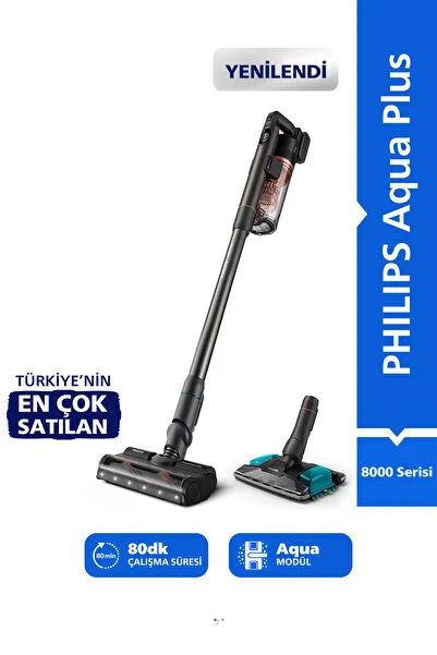 Philips 8000 Serisi Aqua Plus Kablosuz Dik Süpürge, 360 Emiş, LED Başlık, 80 dk'ya Kadar Kullanım, XC8153/10