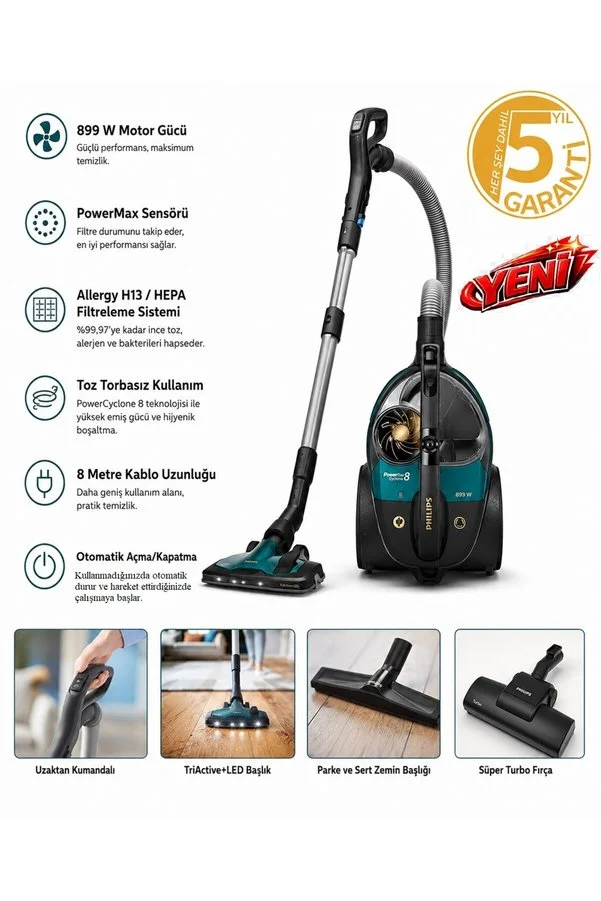 Philips 899 W Marathone Ultimate Series Turbo Başlıklı, LED Başlık 2.2 Lt Toz Torbasız Süpürge, Çam Yeşili