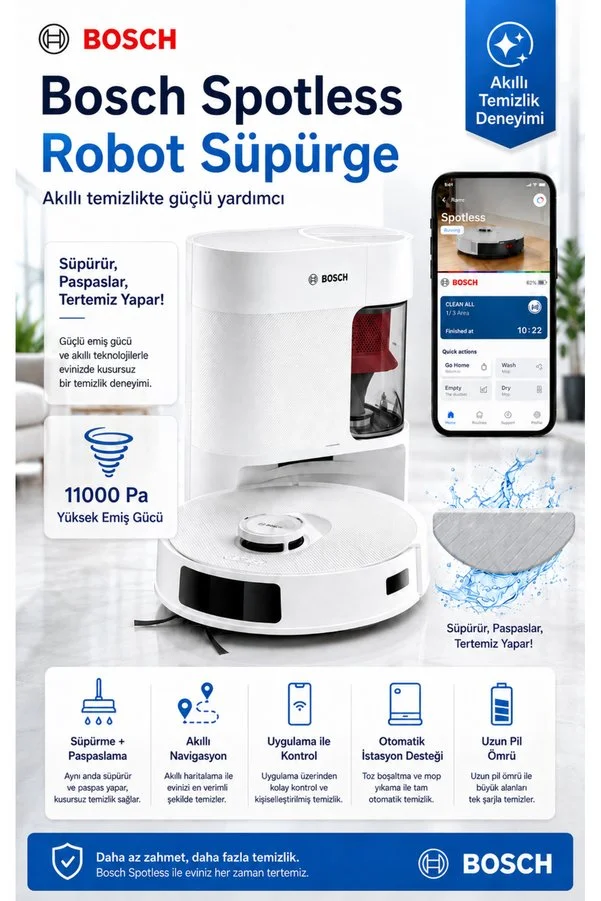 Bosch Advanced+ Robot Süpürge, 11.000 Pa Güçlü Emiş, Titreşimli Islak Paspas, Lazer Navigasyon, Otomatik Toz Boşaltma İstasyonu, Home Connect Telefon App ve Dolaşma Önleyici Fırça, Türkiye Garantili