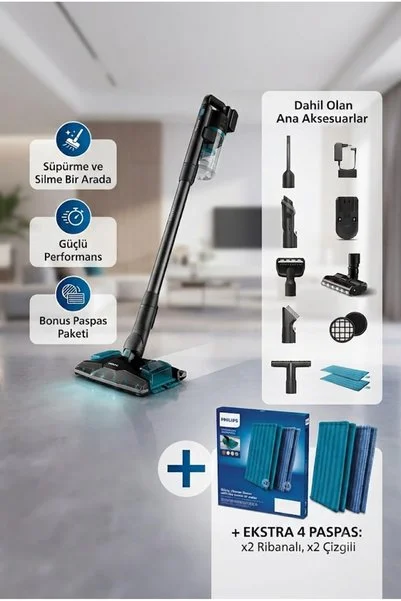 Philips Aqua Plus 8000 Serisi Tek Seferde Silme ve Süpürme Bir Arada Dikey Süpürge + Orijinal Yedek Bez Hediyeli
