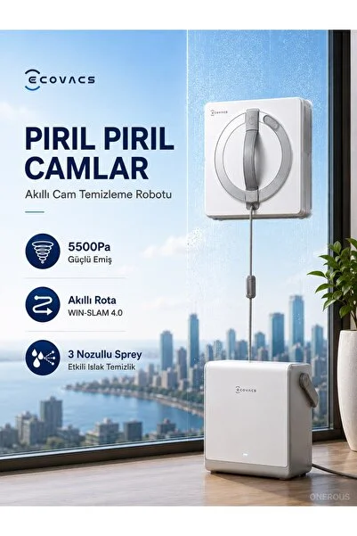 Ecovacs Bataryalı Taşınabilir İstasyonlu Cam Silme Robotu, 5.500 Pa Emiş, 110 Dakika Çalışma, 7 Temizlik Mod