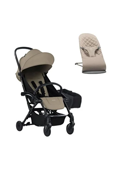 BabyBjörn Bliss Ana Kucağı Woven Sand Grey & Bumprider Connect³ Bebek Arabası Black-Sand - Yan Düzen