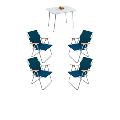 Bofigo Katlanır Beyaz 60x80 cm Masa + Katlanır Mavi 4 Adet Sandalye Kamp Seti