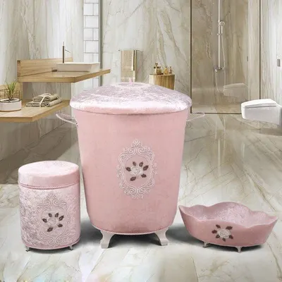 Bonny Home Shems Pudra 3'lü Kadife Banyo Kirli Çamaşır Sepeti Seti