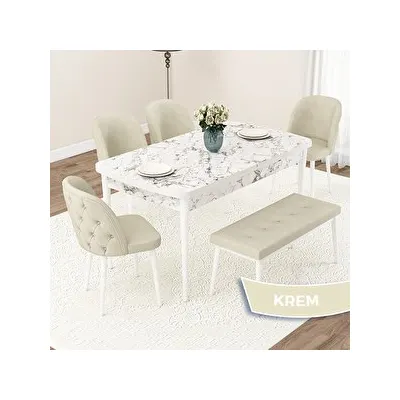 Canisa Jae Serisi 80x132 Açılabilir Beyaz Mermer Desen Mutfak Masası Takımı ve 4 Krem Sandalye ve Krem 1 Bench