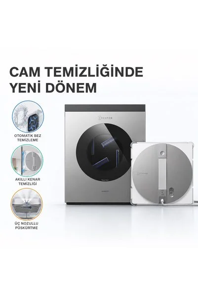 Ecovacs Çok İşlevli İstasyonlu Cam Silme Robotu, 1 Dakikada Temassız Bez Yıkama, Akıllı Kenar Temizliği