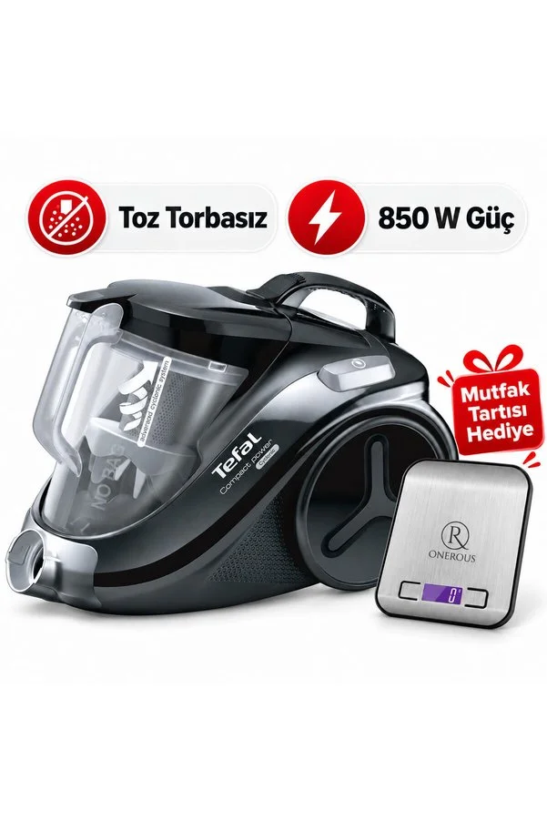 TEFAL Compact Power Cyclonic 1,5 L Kapasiteli Toz Torbasız Süpürge mutfak tartısı Hediye(Onerous)