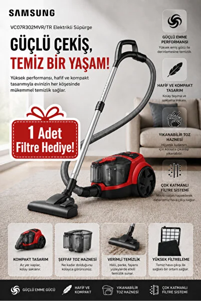 Samsung CycloneForce 750W 3A Performanslı Toz Torbasız Elektrikli Süpürge, 2.5 Litre Hazne, Güçlü Emiş, Yıkanabilir Filtre, Kompakt Kırmızı Tasarım ve 1 Adet Yedek Filtre Hediyeli