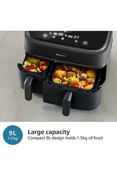 Philips Dual Basket Airfryer 9L Aile Boyu Kapasite, Rapid Air Plus Teknolojisi, 8 Ayarlı Dijital Ekran