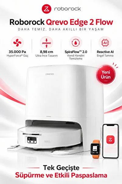 Roborock Edge Flow Akıllı Robot Süpürge 35.000 Pa HyperForce Güç, SpiraFlow 2.0 Roller Paspas, Reactive AI Engel Tanıma, 8,98 cm Ultra İnce Tasarım, Otomatik Toz Boşaltma, 63C Kurutma Akıllı İstasyon