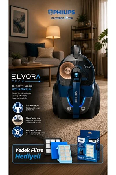 Philips ELVT Yeni Seri PowerPro Max Torbasız Elektrikli Süpürge 900W, + 2 YIL GRANTİ , Alerji Kilidi, HEPA 13 Filtre, TriActive+ Başlık, Dijital Güç Kontrolü