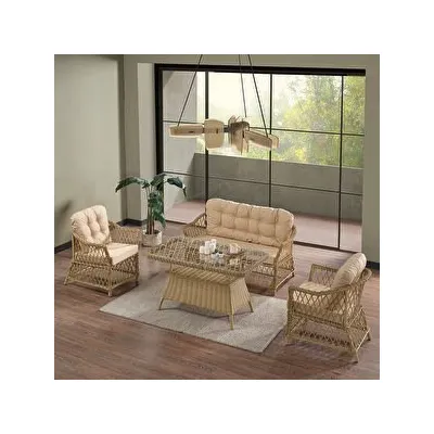 Evdemo Icon Rattan Bahçe Balkon Oturma Takımı 2+1+1+Camlı Masa Cappuccino