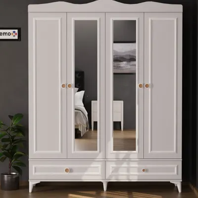 Evdemo Nova Beyaz Beyaz 4 Kapaklı 2 Çekmeceli Aynalı Gardrop