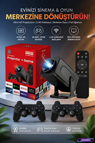 L'eDoren HCS350 Pro Retro Video Oyunu Konsolu + Android Tv + Dahili Hoparlör + Android12.0 TV Projektör - Projeksiyon