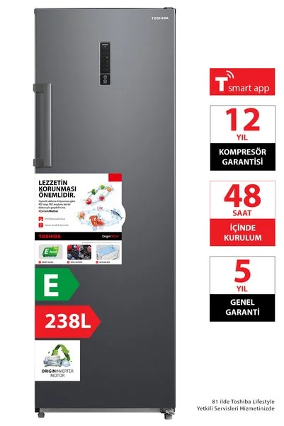 Toshiba Hızlı ve Dengeli Soğutma 238 L Dikey Derin Dondurucu Morandi Gri GR-RU312WE-PMT(06)