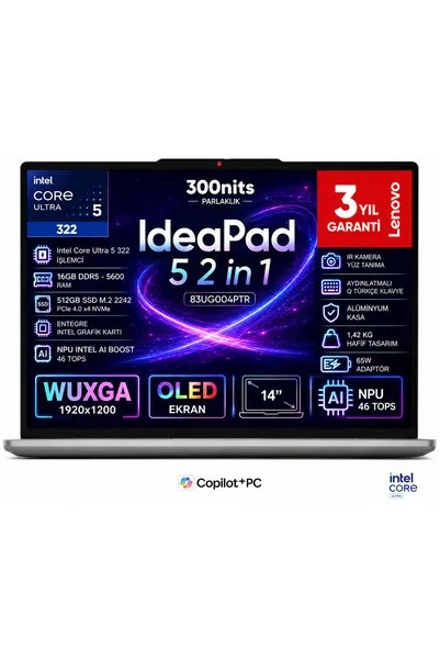 LENOVO IdeaPad 5 2 in 1 14IPH11 Intel Core Ultra 5 322 16 GB 512 GB SSD FreeDos 14" WUXGA (1920X1200) OLED 600 Nit 83UG004PTR