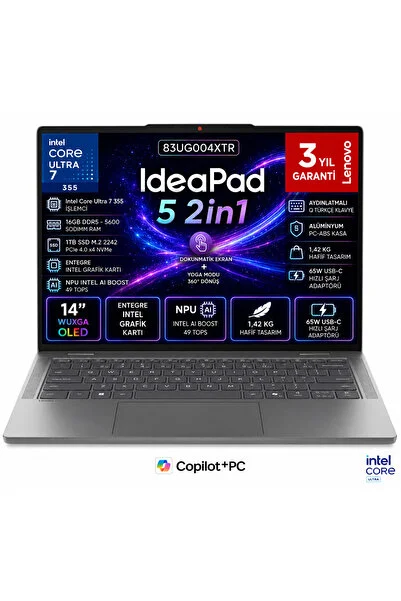 LENOVO IdeaPad 5 2in1 14IPH11 Intel Core Ultra 7 355 16 GB 1 TB M2 SSD CoPilot FreeDos 14" WUXGA OLED 83UG004XTR