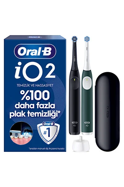 Oral-B iO2 Şarjlı/Elektrikli Diş Fırçası, 2'li Set, Siyah & Orman Yeşili, 2 Fırça Başlığı, Seyahat Kabı