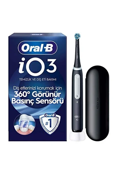 Oral-B iO3 Siyah Şarjlı/Elektrikli Diş Fırçası, 1 Fırça Başlığı, Uzun Ömürlü Pil, Seyahat Kabı