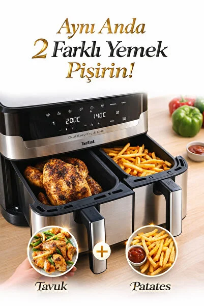TEFAL Izgara Özellikli Çift Hazneli Yağsız Fritöz 8 Ön Ayarlı Prog +Mutfak Tartısı Hediye!!(Onerous)