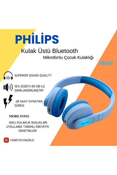 Philips Kablosuz Kulak Üstü Bluetooth Mikrofonlu Çocuk Kulaklığı Mavi M