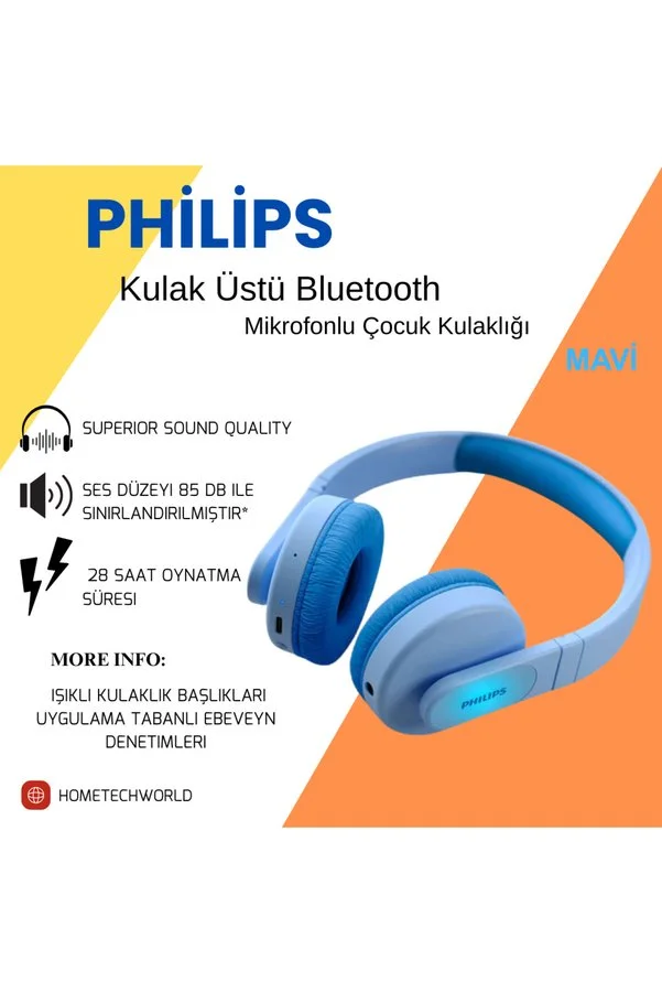 Philips Kablosuz Kulak Üstü Bluetooth Mikrofonlu Çocuk Kulaklığı Mavi M