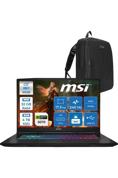 MSI Katana 17 Hx B14WGK Intel Core I7-14650HX 32GB Ddr5 4tb SSD RTX5070/8GB 115W 17.3 Inç 2k Qhd 240Hz Freedos Gaming Bilgisayar 046XTRF15+ZETTAÇANTA