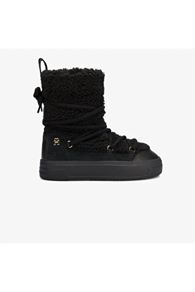 Tommy Hilfiger Lace-Up Faux Shearling Kadın Siyah Bot