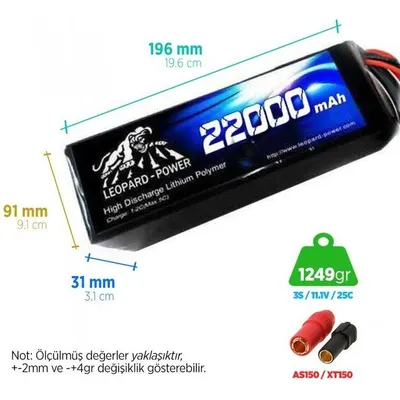 Leopard Power 22000 mAh 11.1V 3S 25C UAV Multirotor Lityum Polimer Lipo Batarya