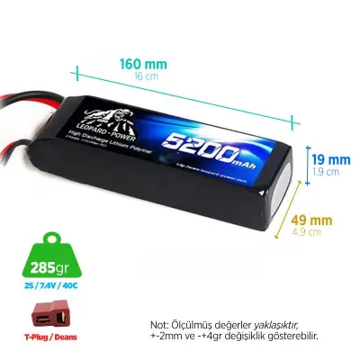 Leopard Power 5200 mAh 7.4V 2S 40C Lityum Polimer Lipo Batarya