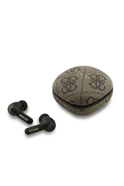 Guess Lisanslı PU 4G Desenli Klasik Metal Yazı Logolu TWS Kulak İçi Bluetooth Kulaklık Kahverengi