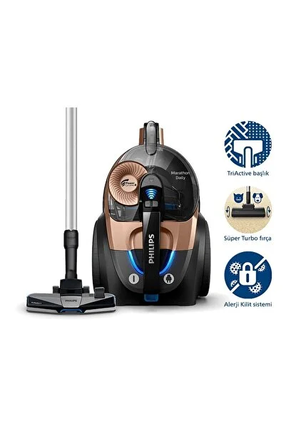 Philips Marathon Daily Toz Torbasız Süpürge, PowerCyclone8, AllergyLock, TriActive+ Başlık, X... 089Lseri