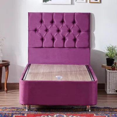 Niron Purple Baza Ve Başlık Seti 90x190 cm Tek Kişilik Sandıklı Mor Kumaş Baza Ve Başlığı