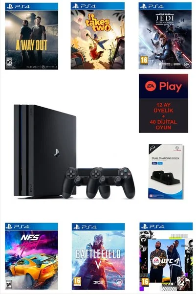 Sony Playstation 4 Pro 1 Tb Yenilenmiş + 2 Ps4 Kol + 1 Yıllık Ea Play Aboneliği + 2'li Kol Şarj Standı