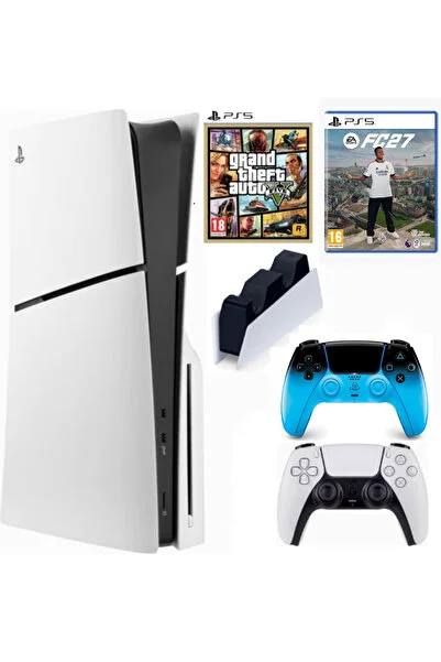 Sony Playstation 5 Slim Cdli + 2.kol Dualsense Techno Rhythm Blue + Şarj İstasyonu + GTA 5 + PS5 FC27 (İthalatçı Garantili)