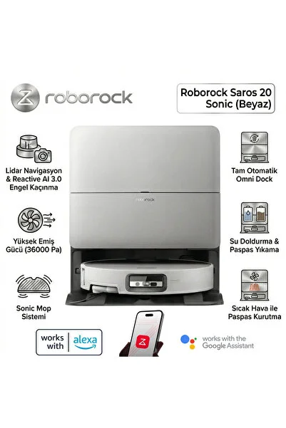 Roborock Pro Beyaz Robot Süpürge 36.000Pa Emiş Gücü 9cm Engel Aşma 100°C Sıcak Suyla Paspas Yıkama