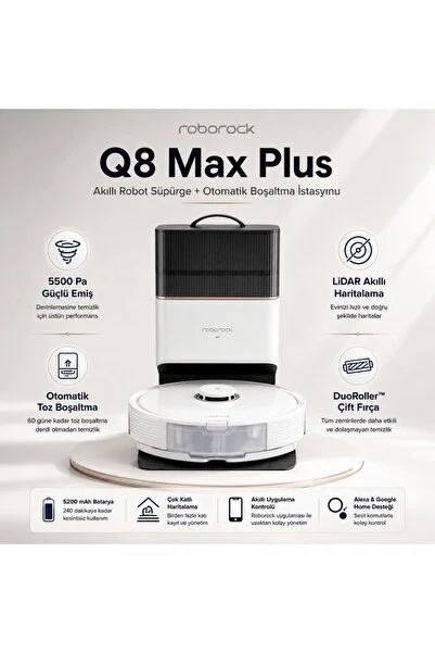Roborock Q8 Max Plus Çöp Istasyonlu 5500PA Emiş Güçü Akıllı Robot Süpürge - Beyaz