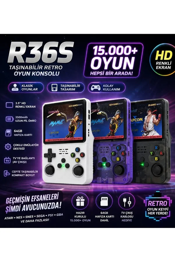 asf teknoloji R36S 15.000 Oyunlu Orijinal Çift Çekirdek 64gb
