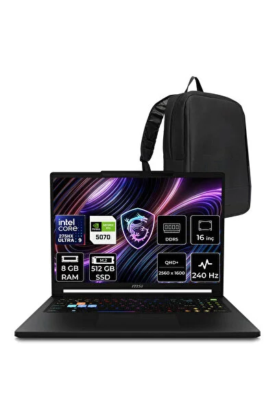 MSI Raider 16 HX Intel Core Ultra 9 275HX RTX 5070 12GB 8GB RAM 512GB SSD 16" QHD+ OLED 240Hz FreeDOS B2WGX018TRP302 Gaming Laptop + PER4 Çanta
