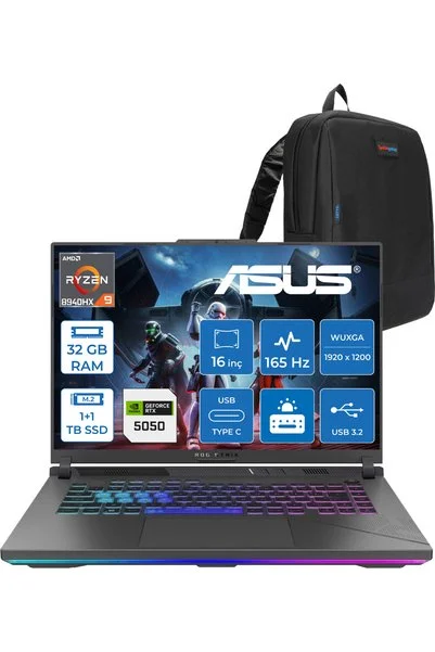 ASUS Rog Strix G16 R9-8940HX 32GB 1tb Ssd+1tb SSD 8GB/RTX5050 115W 16" 165Hz 300NİTS FDOS WARV057F12