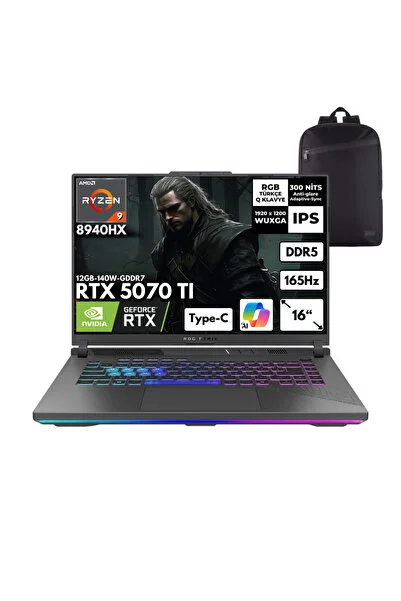 ASUS ROG Strix G16 Ryzen 9-8940HX 48 GB 1 TBSSD RTX5070TI 16" Win11 Pro + Sırt Ç. G614PR-RV051HMF15
